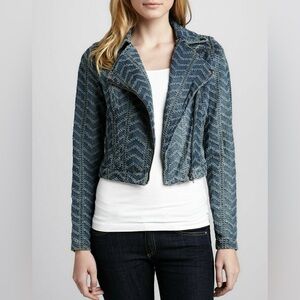 Free People Punched Denim Moto Jacket Herringbone Blue Jean Biker